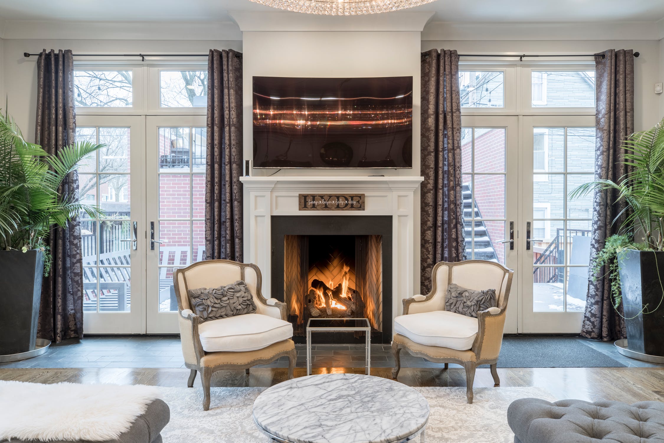 fireplace with vinyl flooring